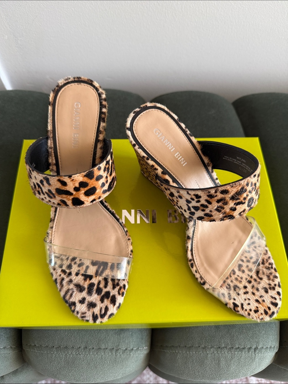 Gianni Bini Leopard-Print Slide Heels with Clear Strap